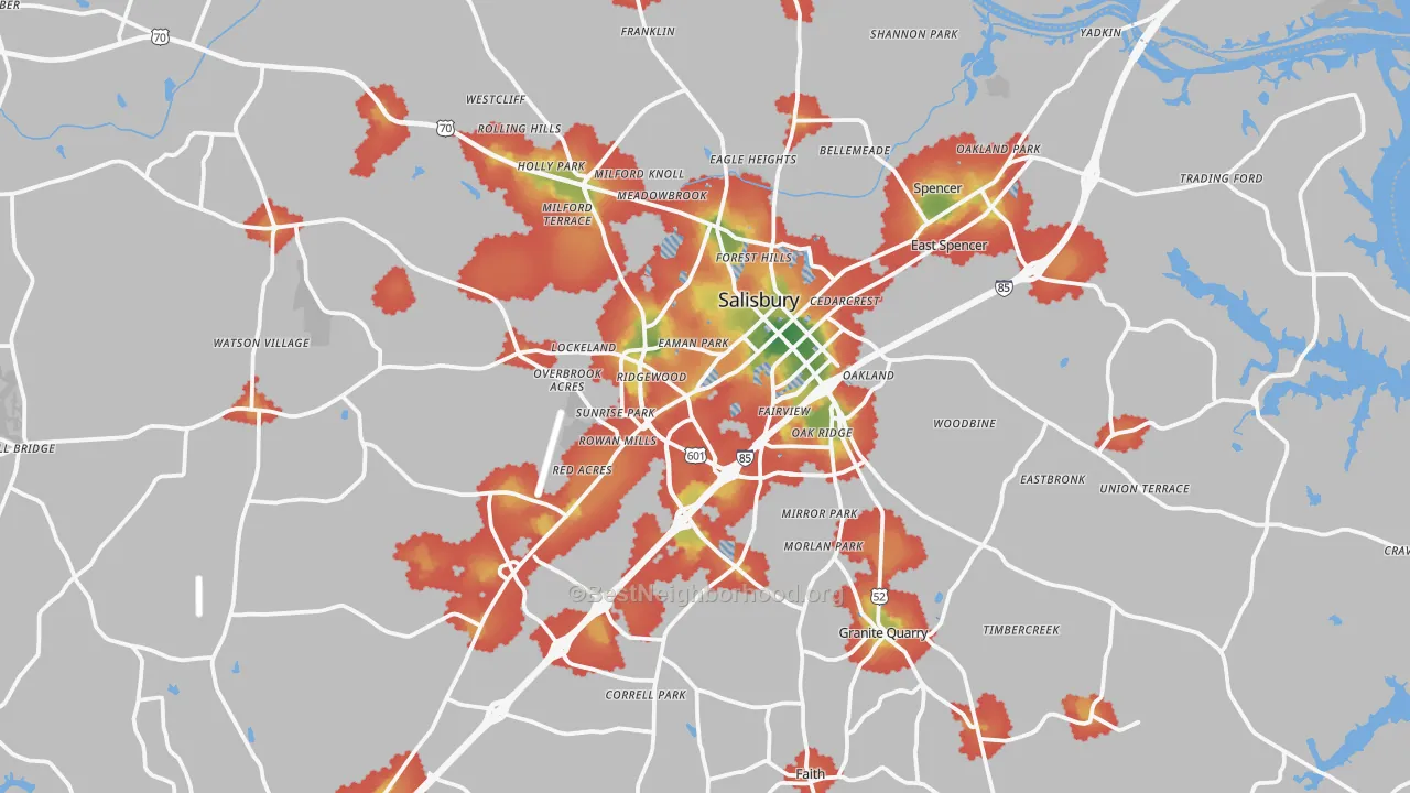 Walk Grade map of Salisbury, NC, walkable areas in green and car-dependent areas in red