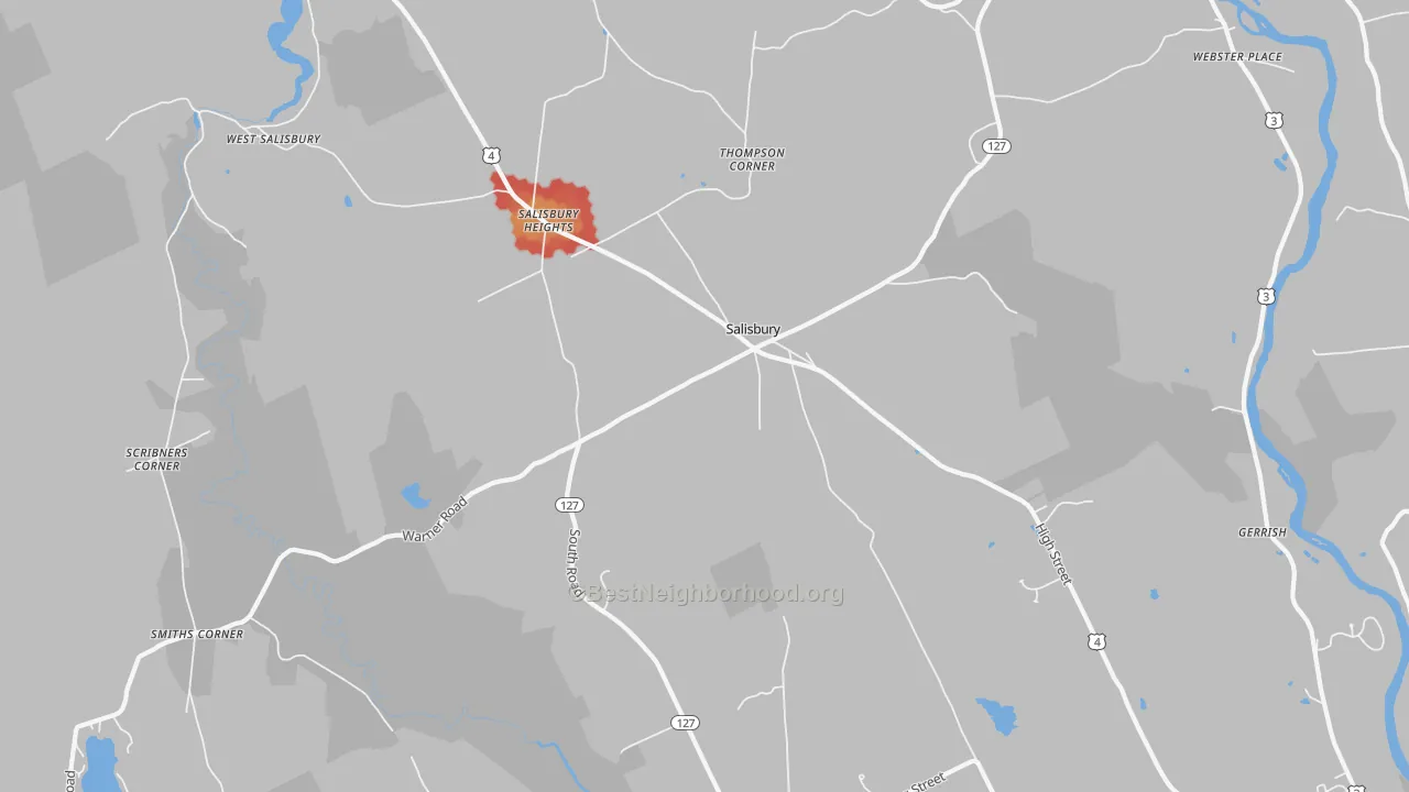 Walk Grade map of Salisbury, NH, walkable areas in green and car-dependent areas in red