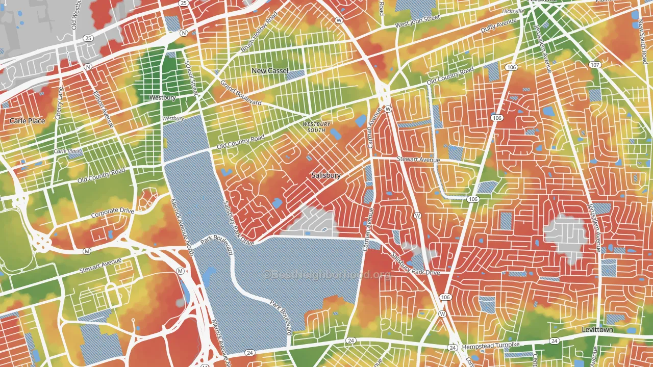 Walk Grade map of Salisbury, NY, walkable areas in green and car-dependent areas in red