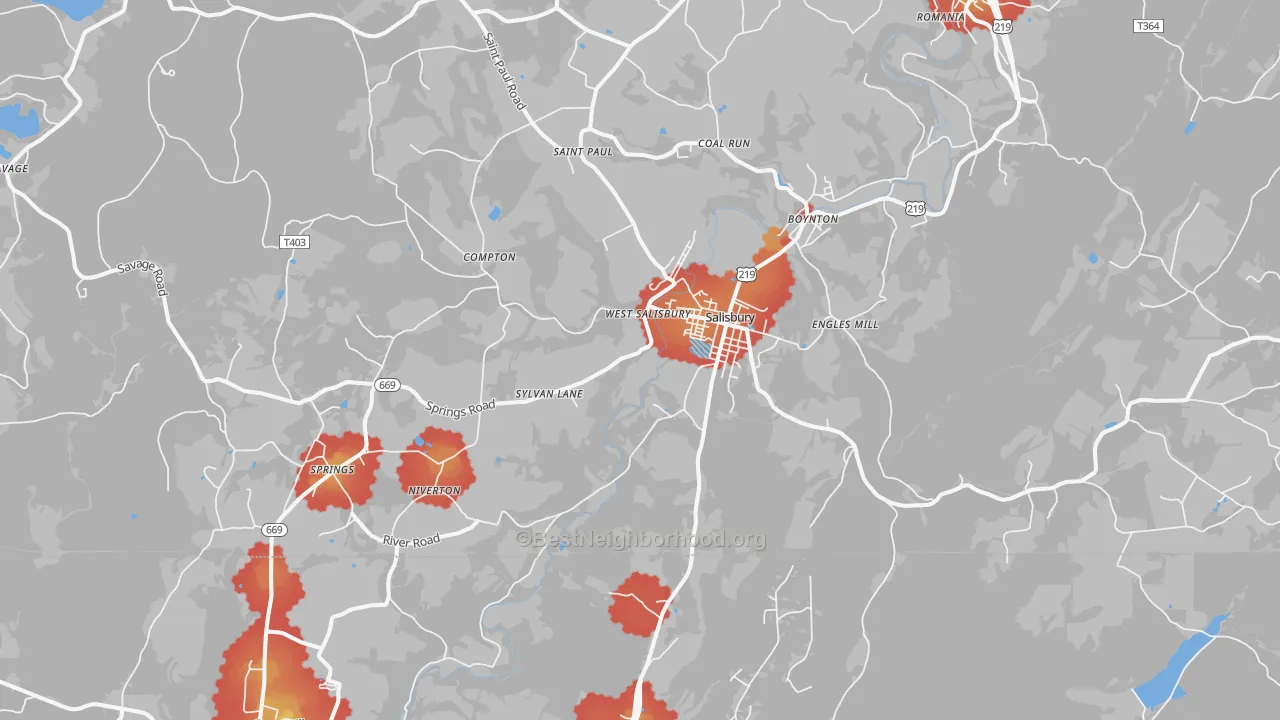 Walk Grade map of Salisbury, PA, walkable areas in green and car-dependent areas in red