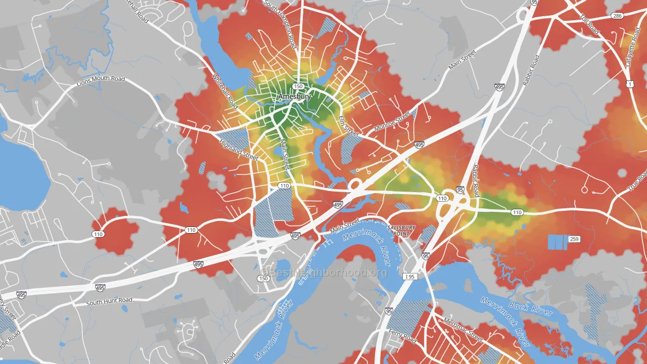 Walk Grade map of Salisbury Point, Amesbury Town, MA, walkable areas in green and car-dependent areas in red