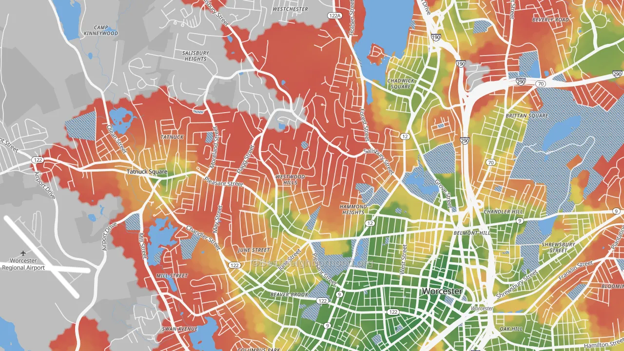 Walk Grade map of Salisbury Street, Worcester, MA, walkable areas in green and car-dependent areas in red