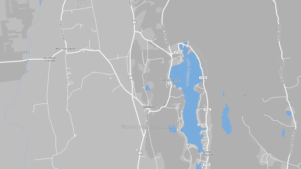 Walk Grade map of Salisbury, VT, walkable areas in green and car-dependent areas in red