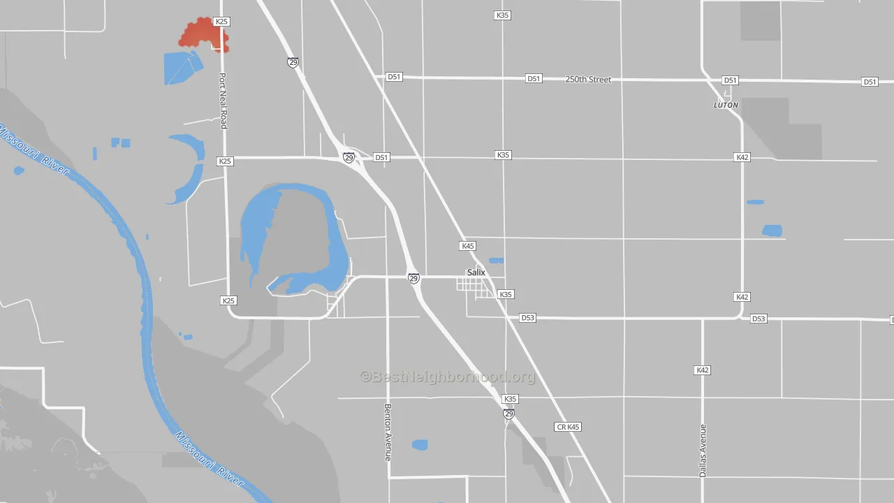Walk Grade map of Salix, IA, walkable areas in green and car-dependent areas in red