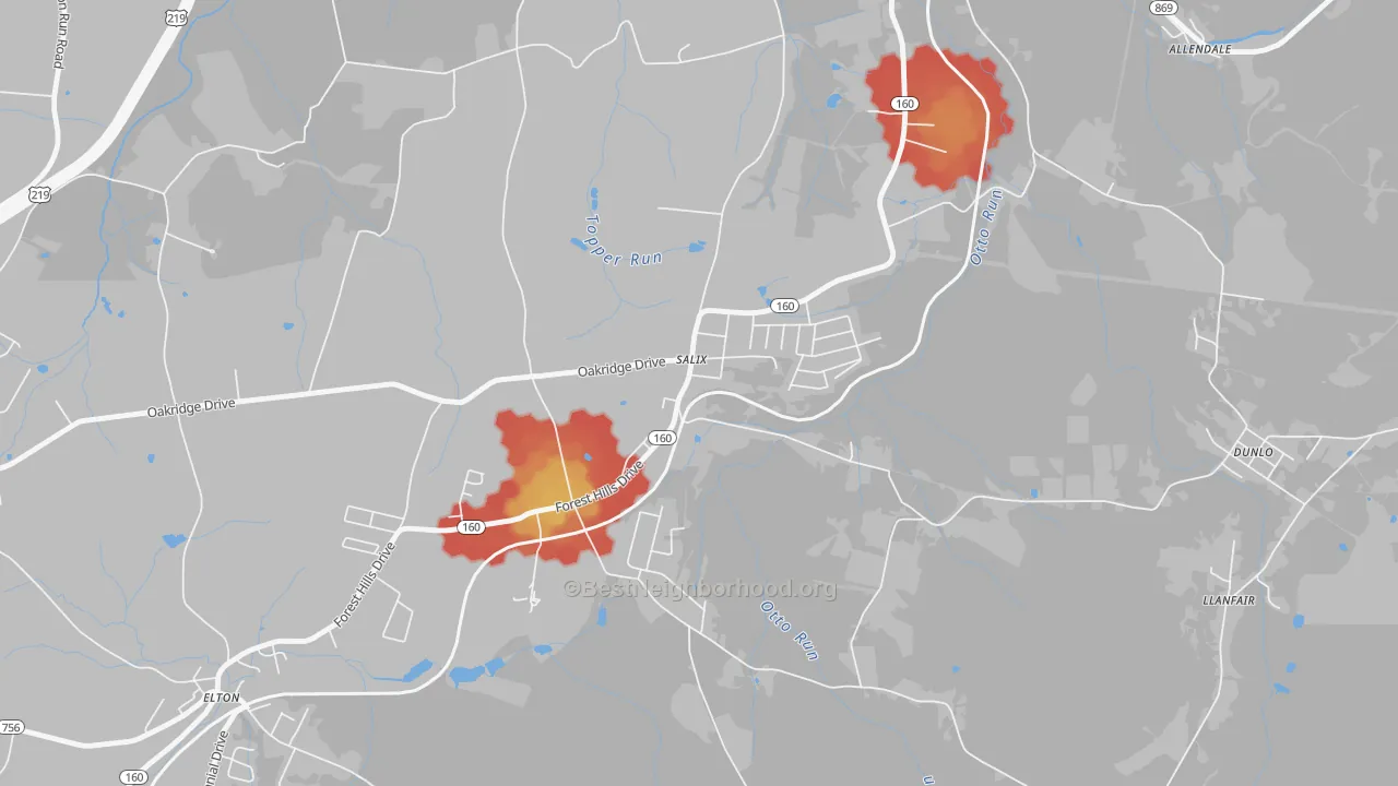 Walk Grade map of Salix, PA, walkable areas in green and car-dependent areas in red