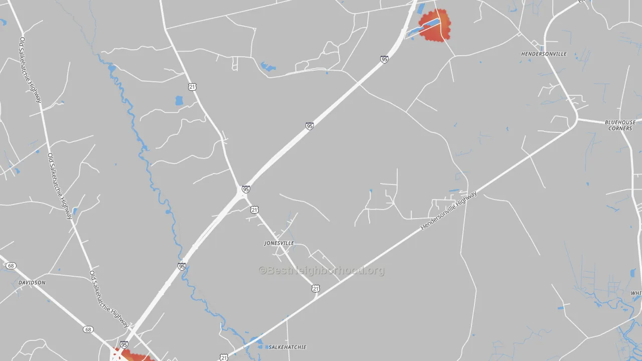 Walk Grade map of Salkehatchie, SC, walkable areas in green and car-dependent areas in red