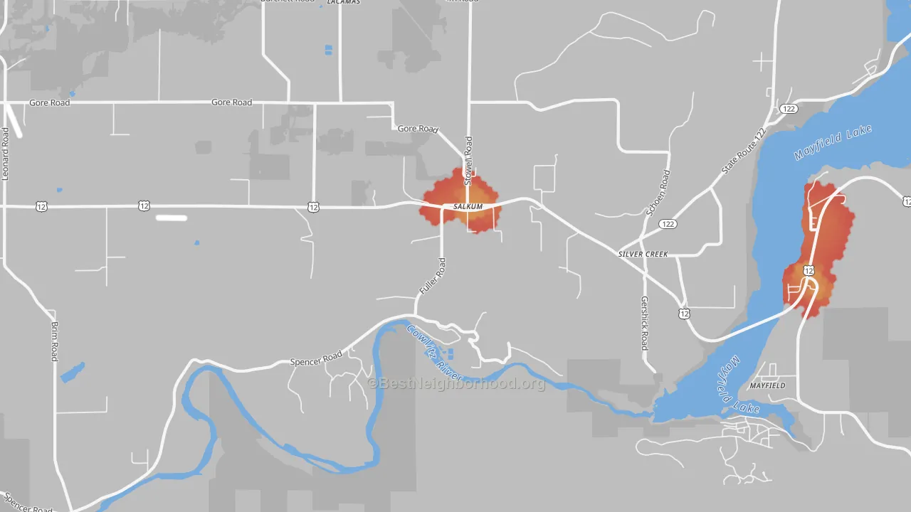 Walk Grade map of Salkum, WA, walkable areas in green and car-dependent areas in red