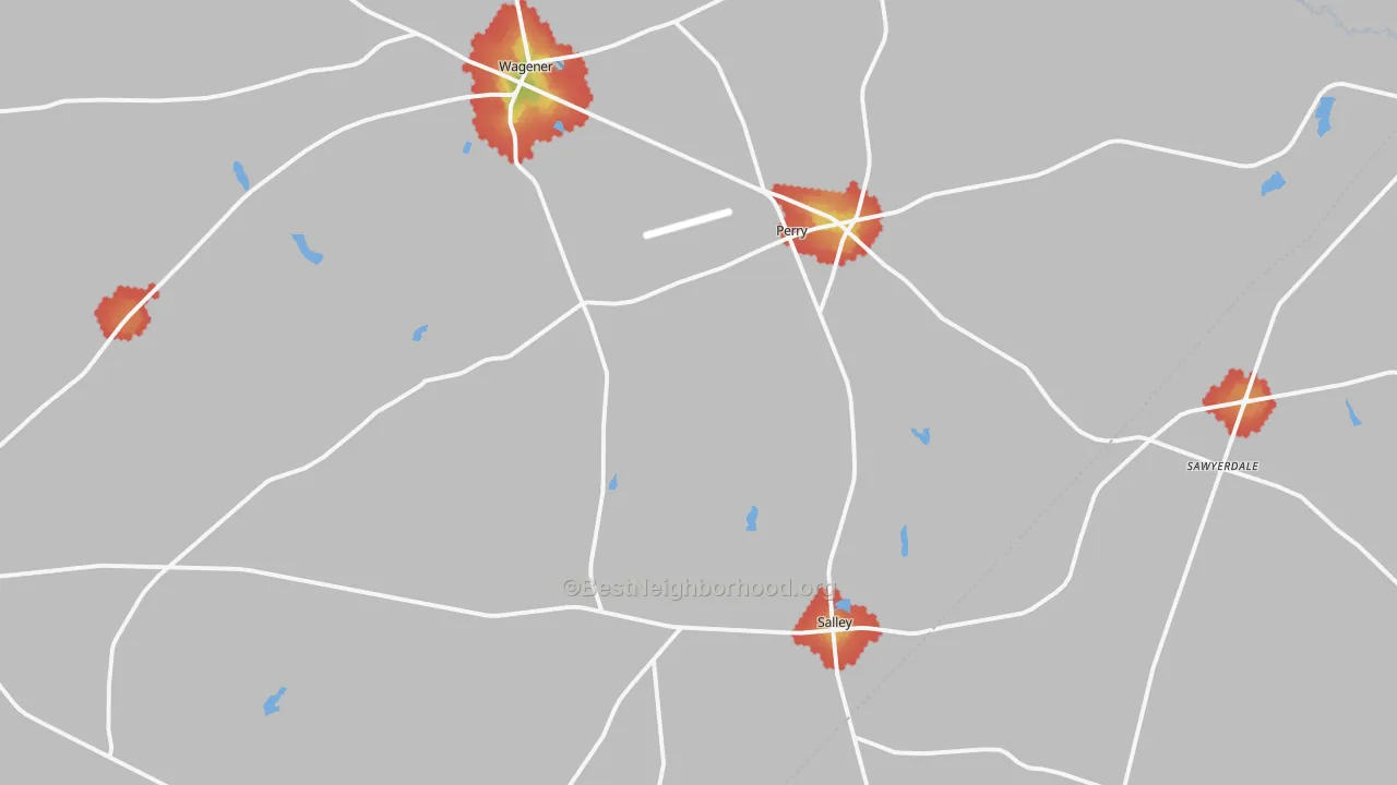 Walk Grade map of Salley, SC, walkable areas in green and car-dependent areas in red