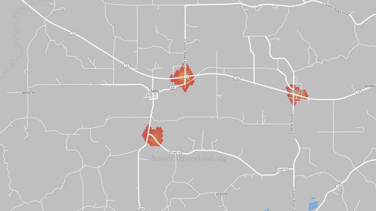 Walk Grade map of Sallis, MS, walkable areas in green and car-dependent areas in red