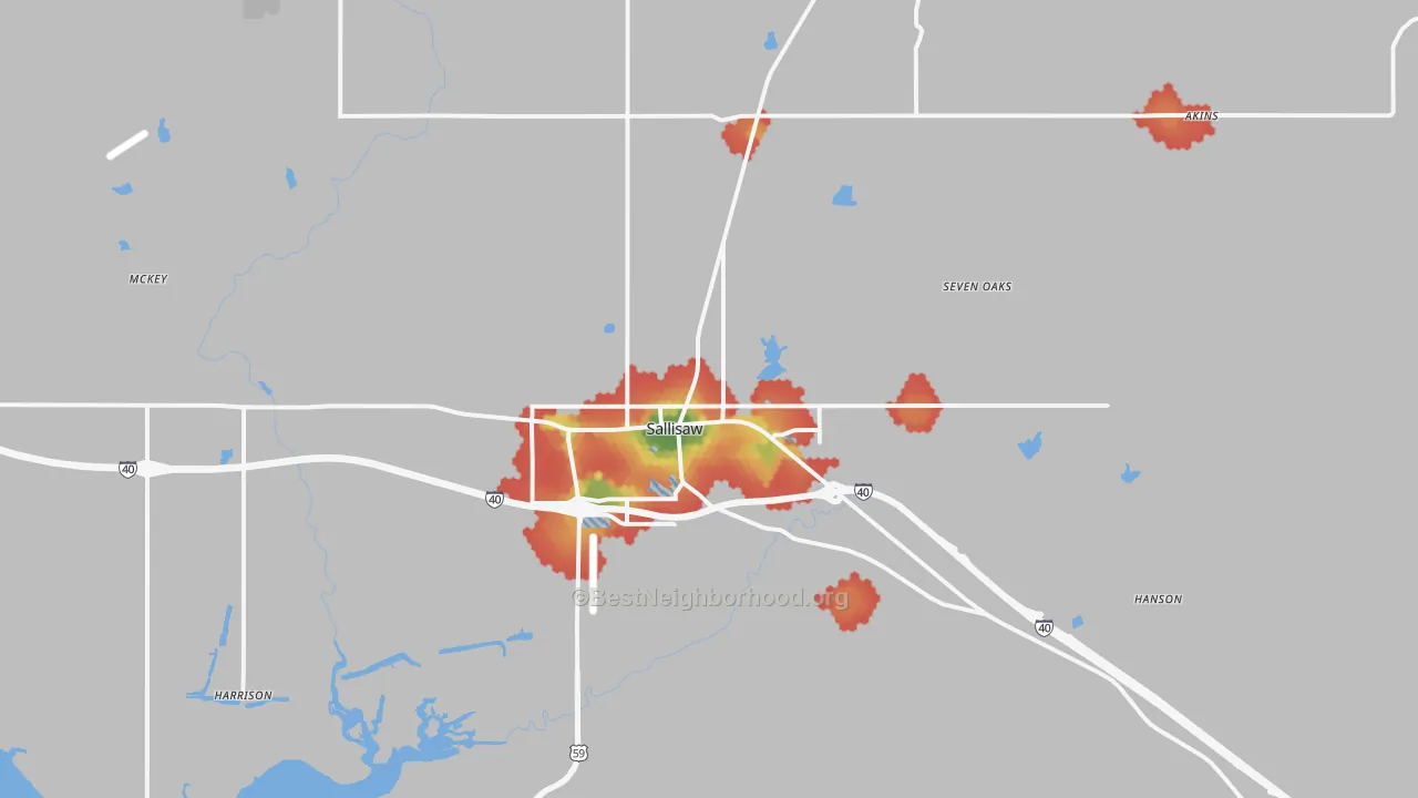 Walk Grade map of Sallisaw, OK, walkable areas in green and car-dependent areas in red