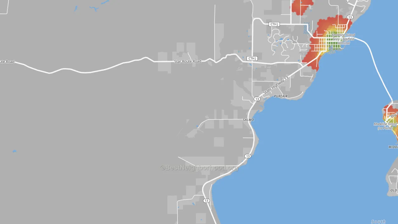 Walk Grade map of Salmo, WI, walkable areas in green and car-dependent areas in red