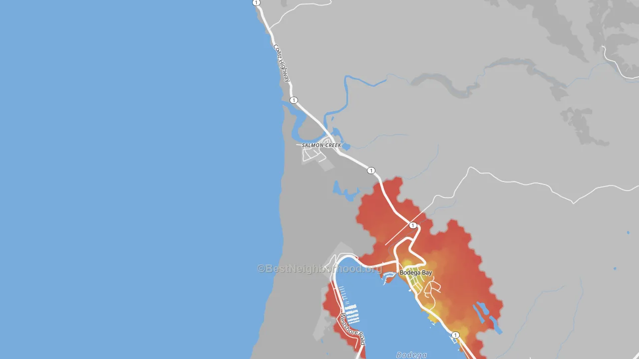 Walk Grade map of Salmon Creek, CA, walkable areas in green and car-dependent areas in red
