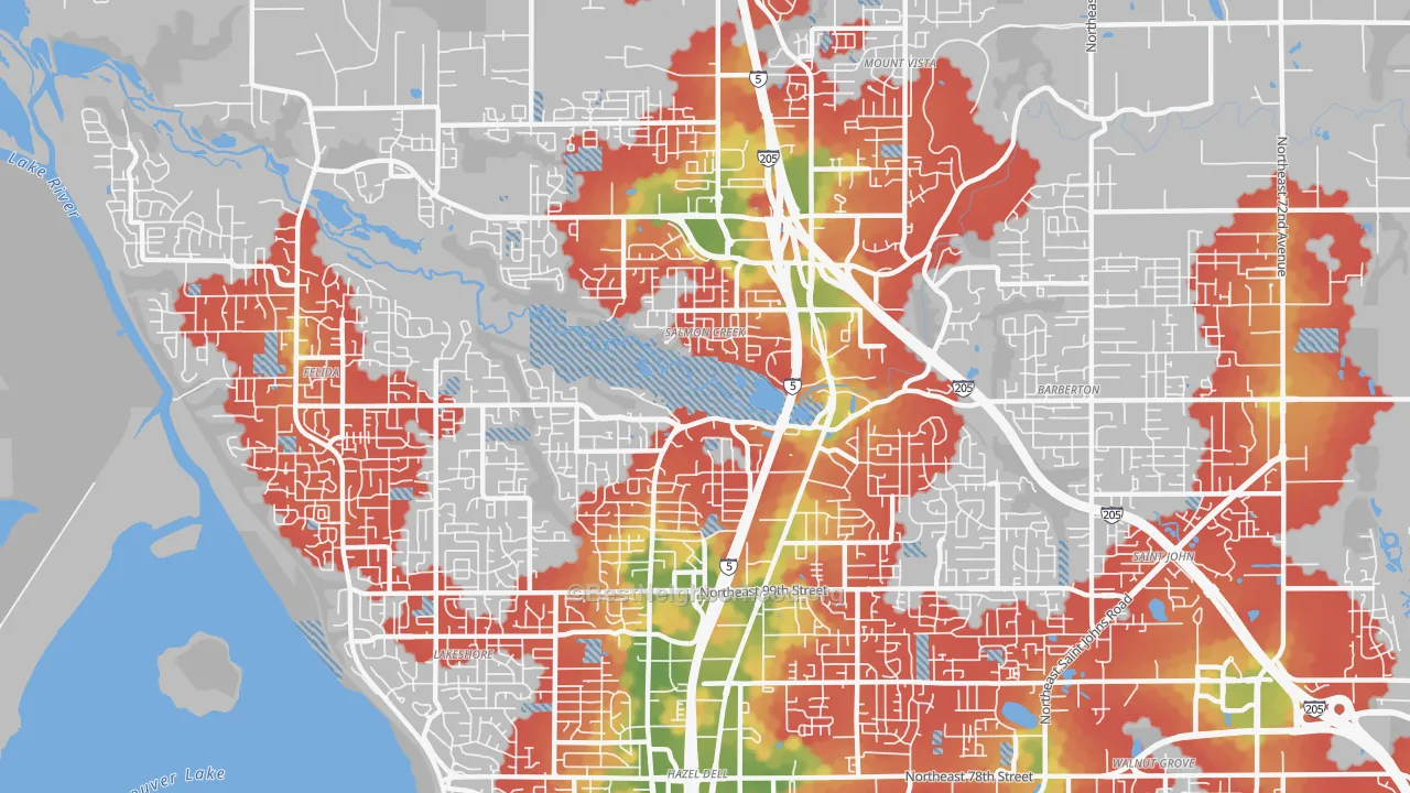 Walk Grade map of Salmon Creek, WA, walkable areas in green and car-dependent areas in red