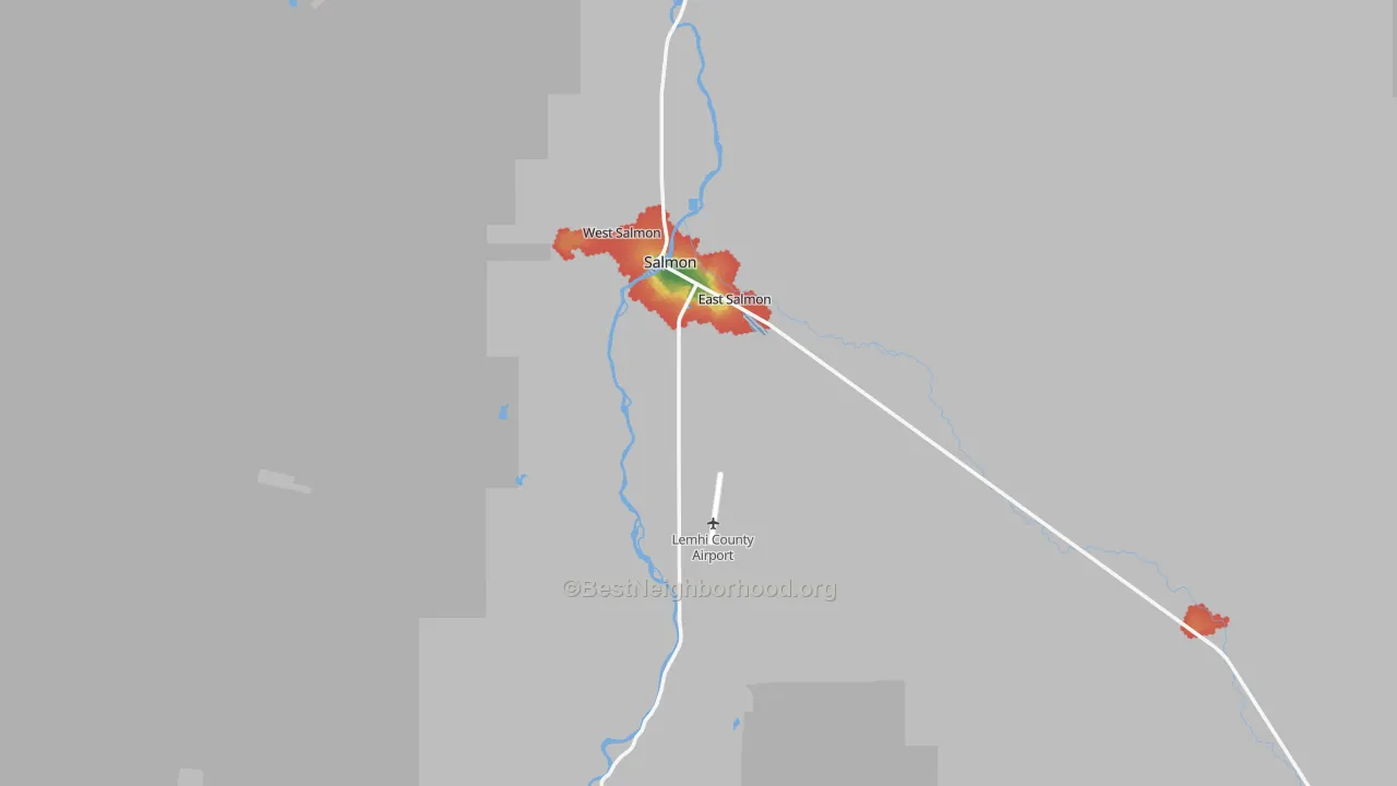 Walk Grade map of Salmon, ID, walkable areas in green and car-dependent areas in red