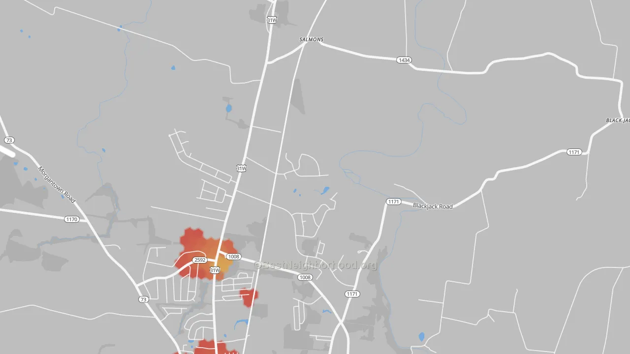 Walk Grade map of Salmon, KY, walkable areas in green and car-dependent areas in red