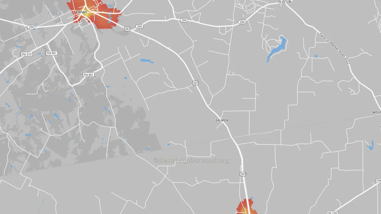 Walk Grade map of Salmon, TX, walkable areas in green and car-dependent areas in red
