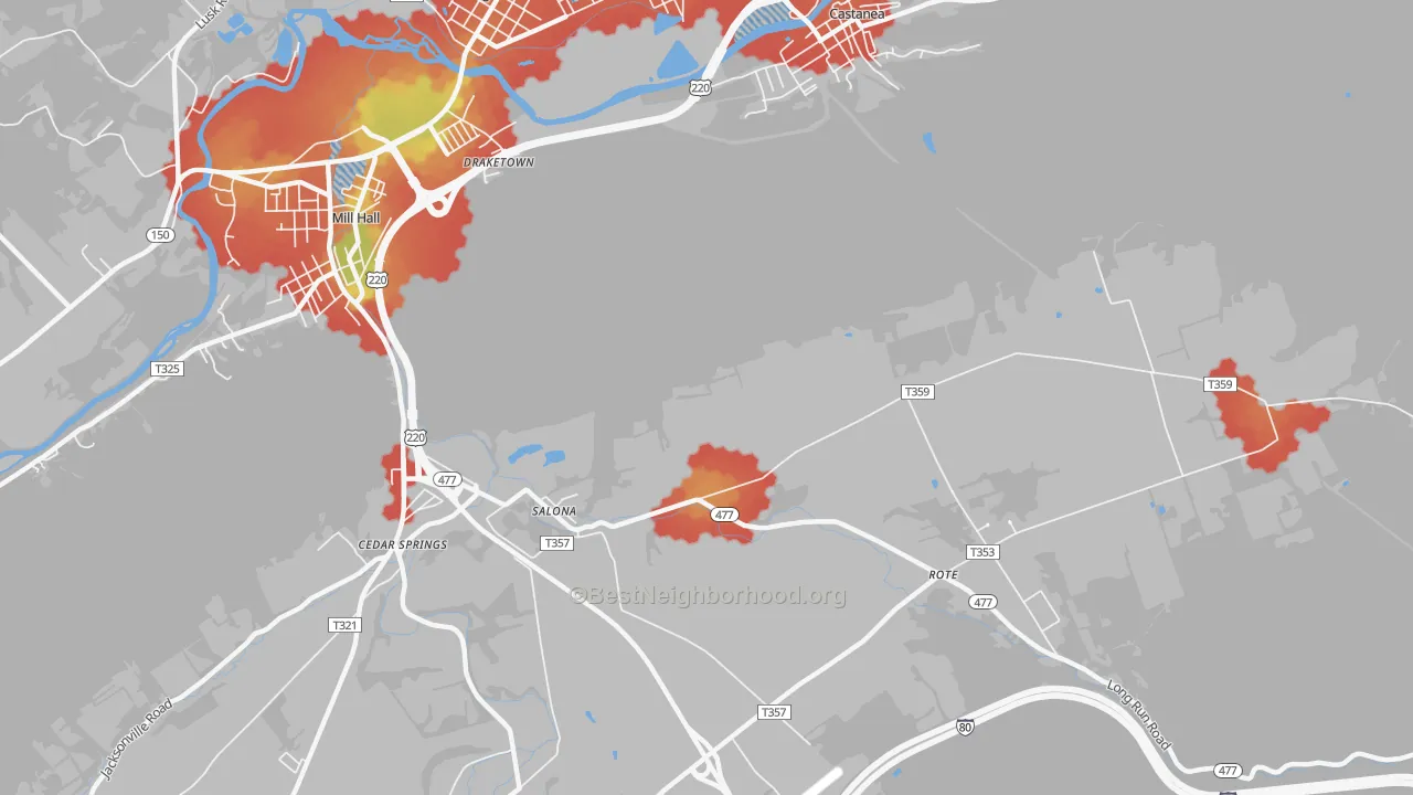 Walk Grade map of Salona, PA, walkable areas in green and car-dependent areas in red