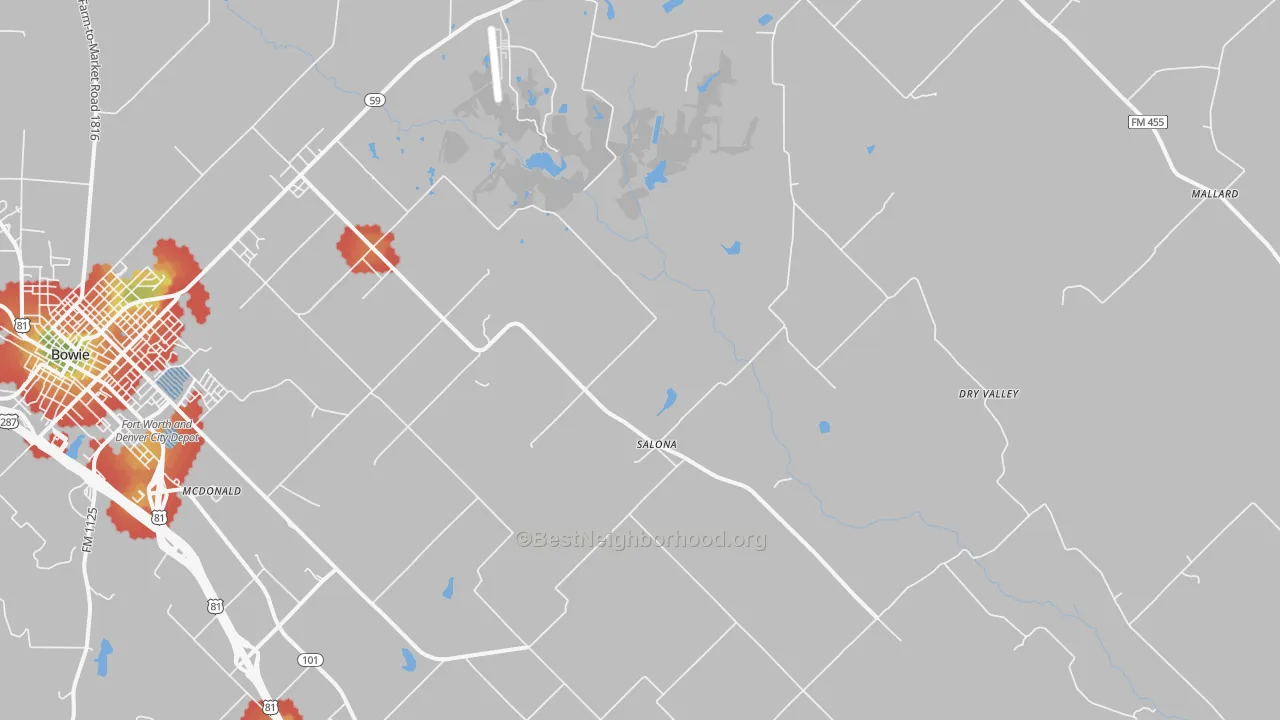 Walk Grade map of Salona, TX, walkable areas in green and car-dependent areas in red