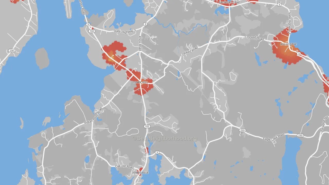 Walk Grade map of Salsbury Cove, ME, walkable areas in green and car-dependent areas in red