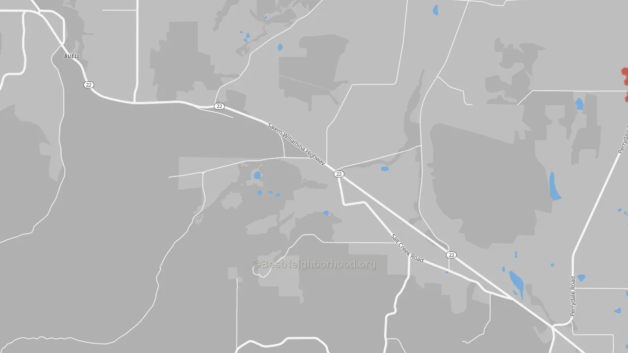 Walk Grade map of Salt Creek, OR, walkable areas in green and car-dependent areas in red