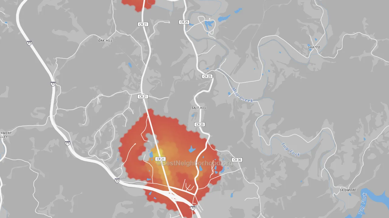 Walk Grade map of Salt Hill, WV, walkable areas in green and car-dependent areas in red