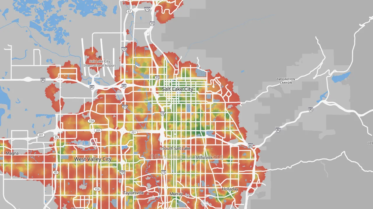 Walk Grade map of Salt Lake City, UT, walkable areas in green and car-dependent areas in red