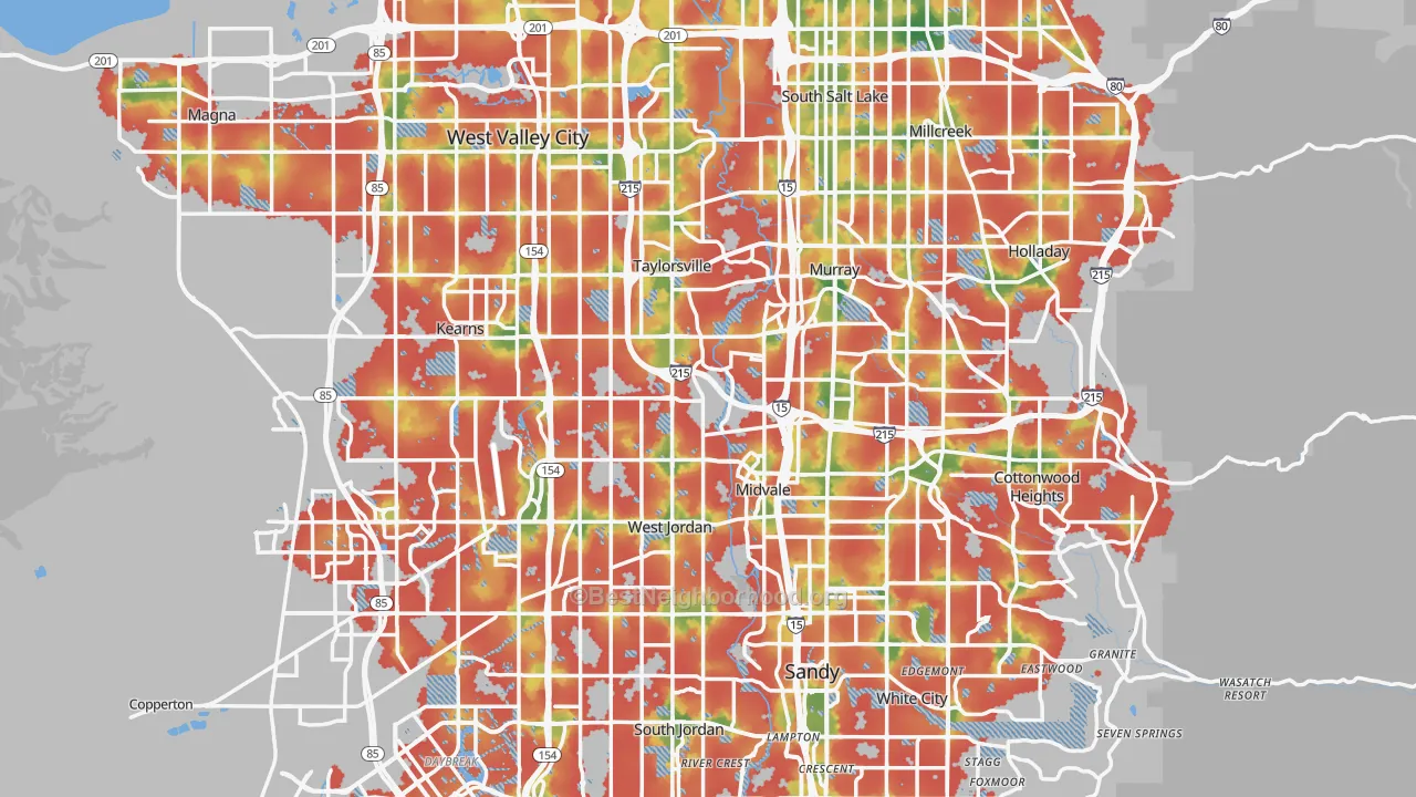 Walk Grade map of Salt Lake County, UT, walkable areas in green and car-dependent areas in red
