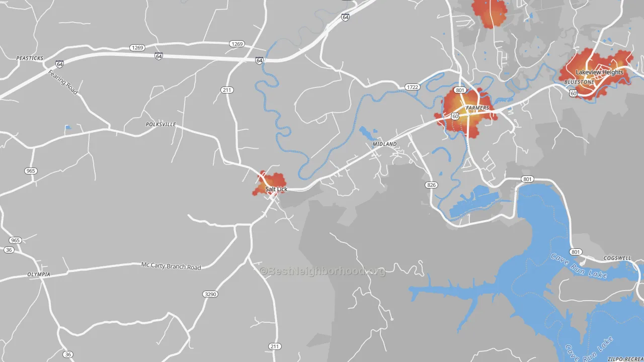 Walk Grade map of Salt Lick, KY, walkable areas in green and car-dependent areas in red