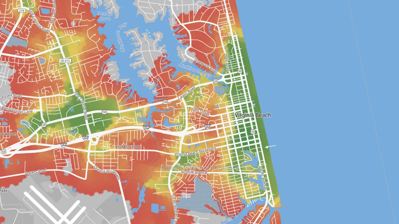 Walk Grade map of Salt Meadow Bay, Virginia Beach, VA, walkable areas in green and car-dependent areas in red