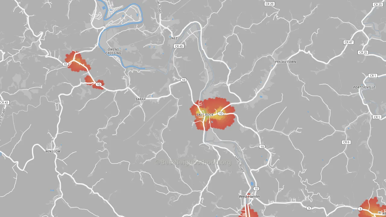 Walk Grade map of Salt Rock, WV, walkable areas in green and car-dependent areas in red