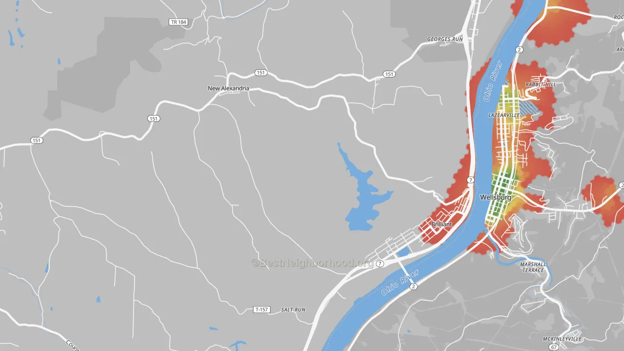 Walk Grade map of Salt Run, OH, walkable areas in green and car-dependent areas in red