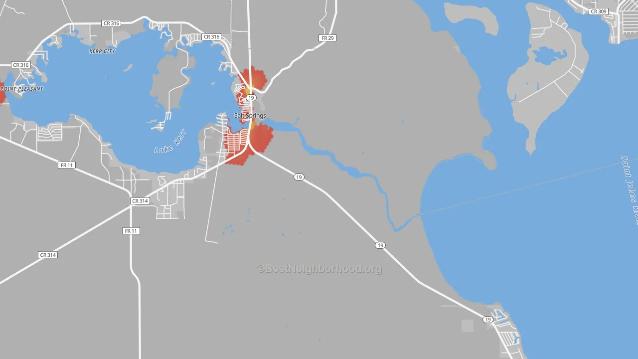 Walk Grade map of Salt Springs, FL, walkable areas in green and car-dependent areas in red