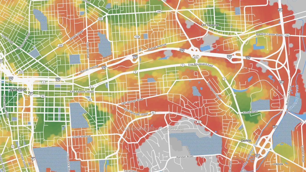 Walk Grade map of Salt Springs, Syracuse, NY, walkable areas in green and car-dependent areas in red