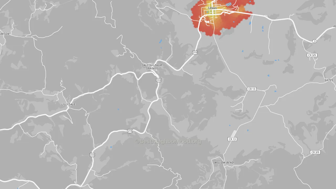 Walk Grade map of Salt Sulphur Springs, WV, walkable areas in green and car-dependent areas in red
