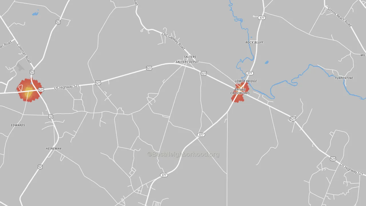 Walk Grade map of Salters, SC, walkable areas in green and car-dependent areas in red