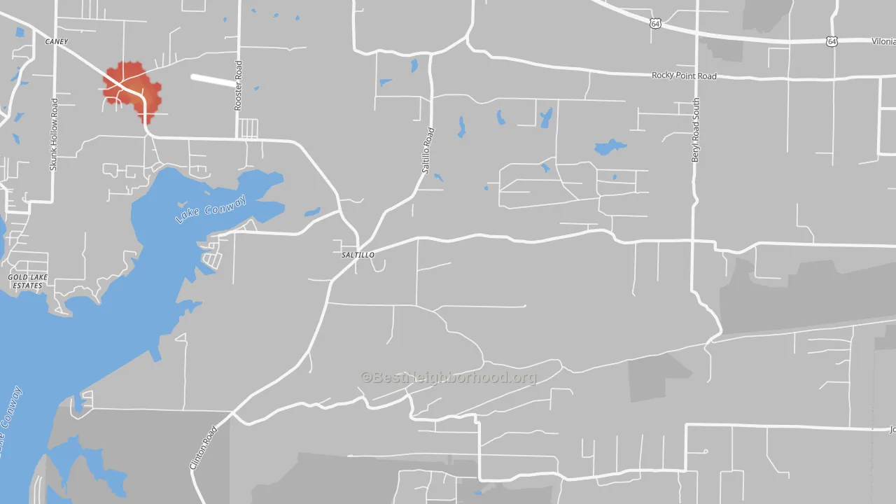 Walk Grade map of Saltillo, AR, walkable areas in green and car-dependent areas in red
