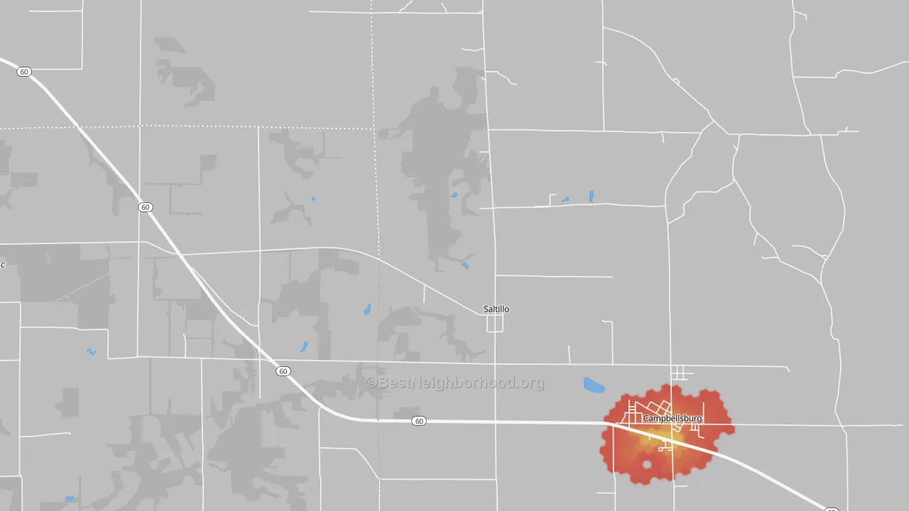 Walk Grade map of Saltillo, IN, walkable areas in green and car-dependent areas in red