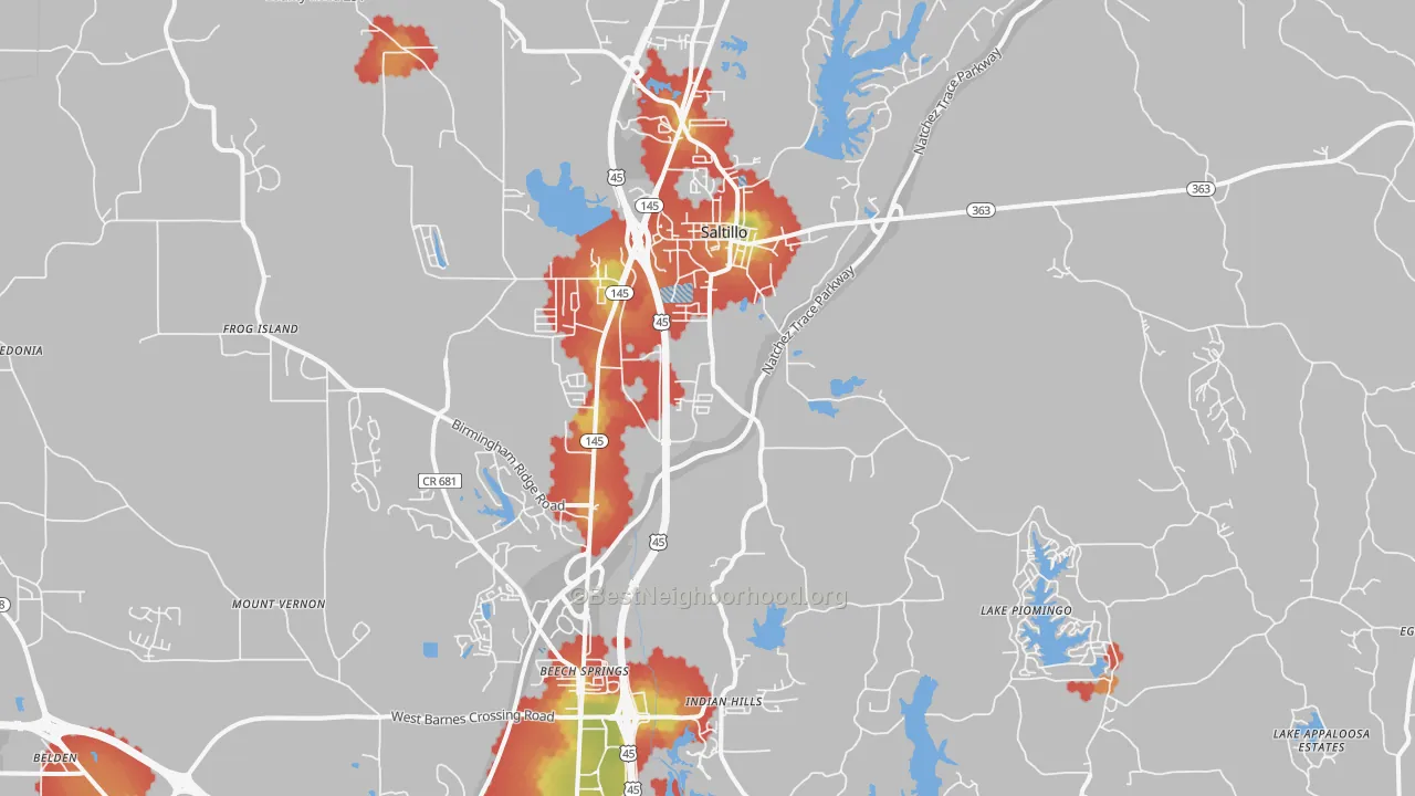 Walk Grade map of Saltillo, MS, walkable areas in green and car-dependent areas in red