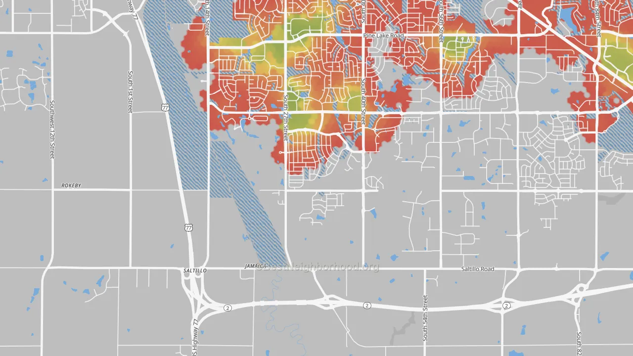 Walk Grade map of Saltillo, NE, walkable areas in green and car-dependent areas in red