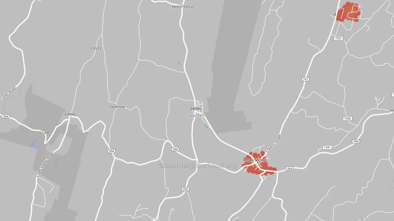 Walk Grade map of Saltillo, PA, walkable areas in green and car-dependent areas in red