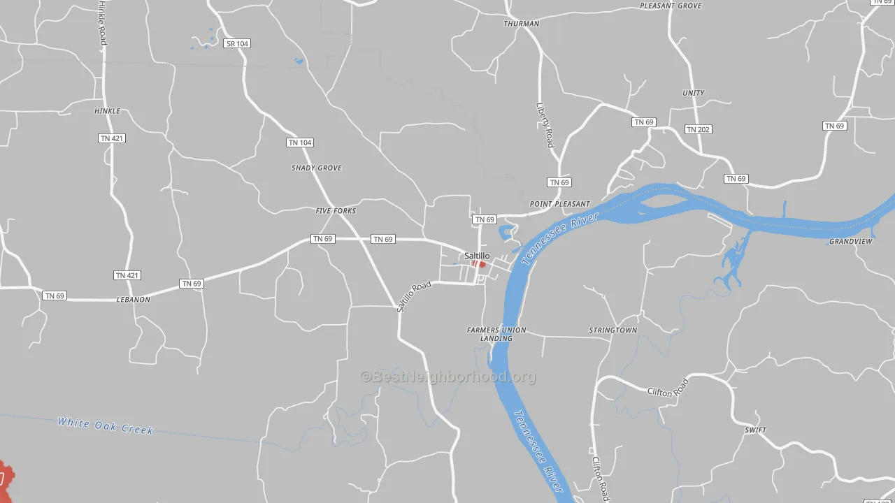 Walk Grade map of Saltillo, TN, walkable areas in green and car-dependent areas in red