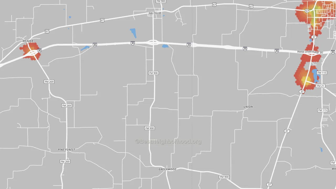Walk Grade map of Saltillo, TX, walkable areas in green and car-dependent areas in red
