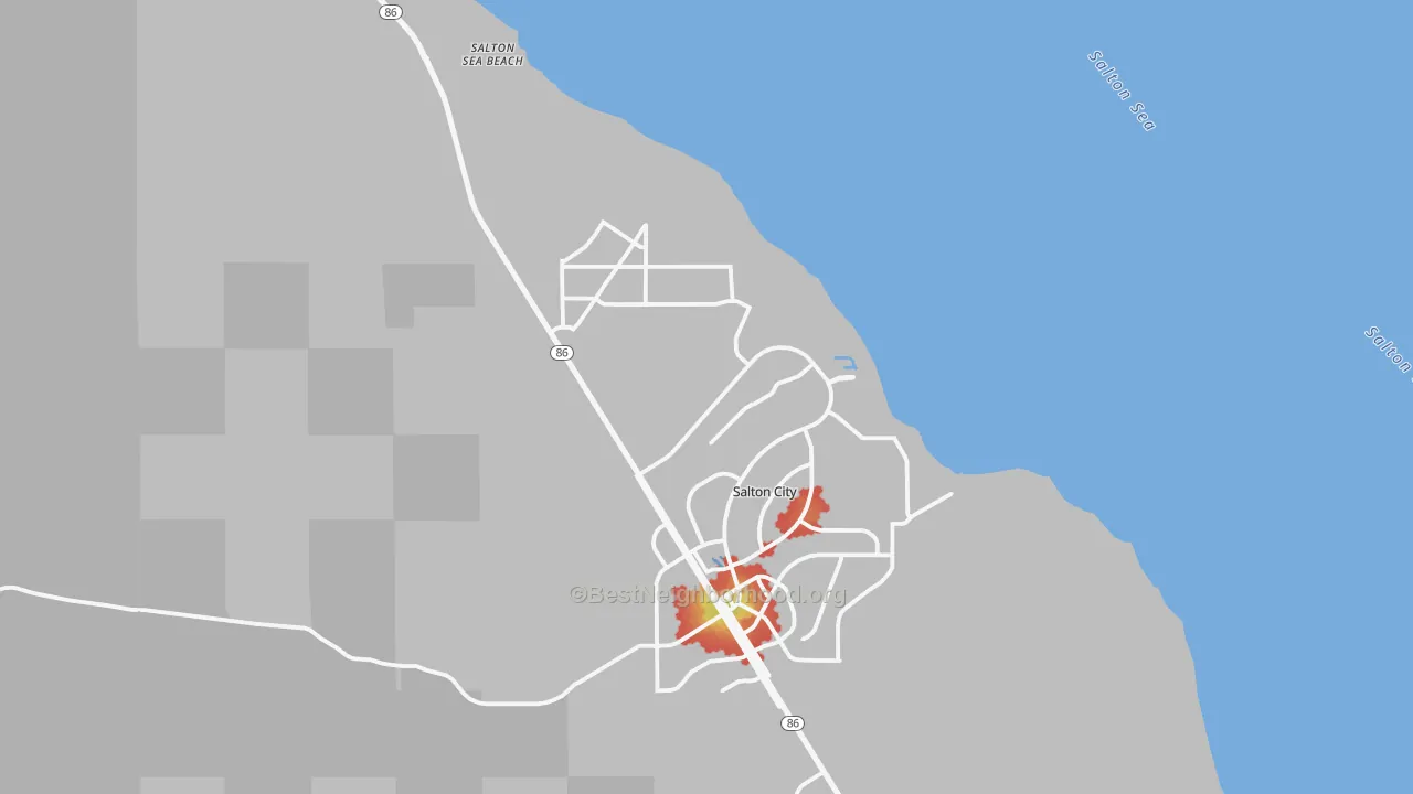 Walk Grade map of Salton City, CA, walkable areas in green and car-dependent areas in red