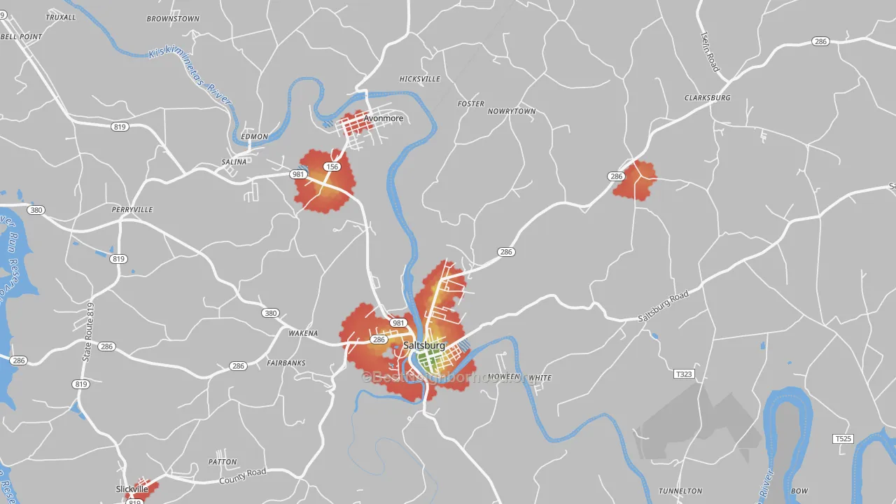Walk Grade map of Saltsburg, PA, walkable areas in green and car-dependent areas in red