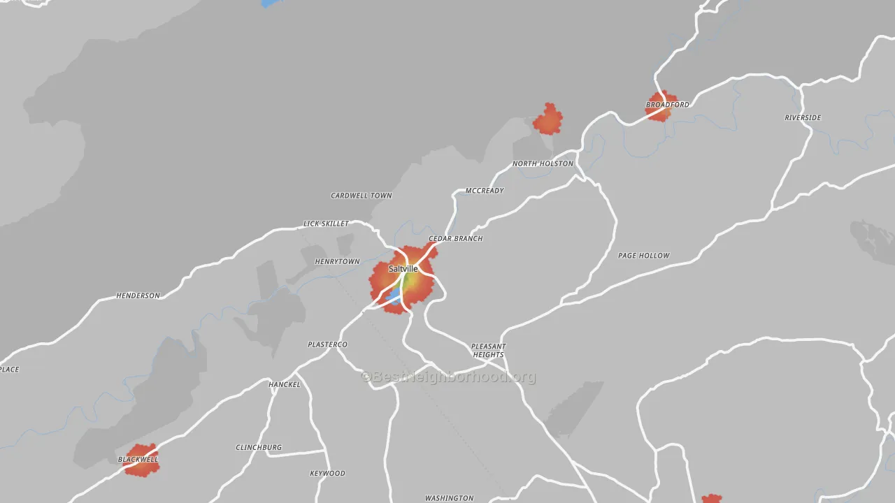 Walk Grade map of Saltville, VA, walkable areas in green and car-dependent areas in red