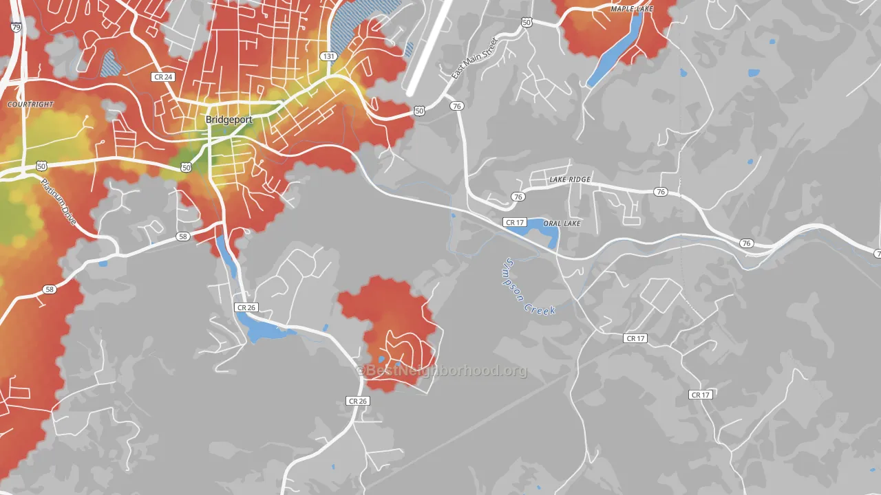 Walk Grade map of Saltwell, WV, walkable areas in green and car-dependent areas in red