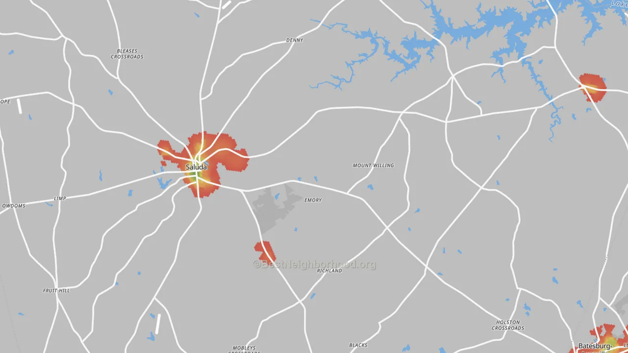 Walk Grade map of Saluda County, SC, walkable areas in green and car-dependent areas in red