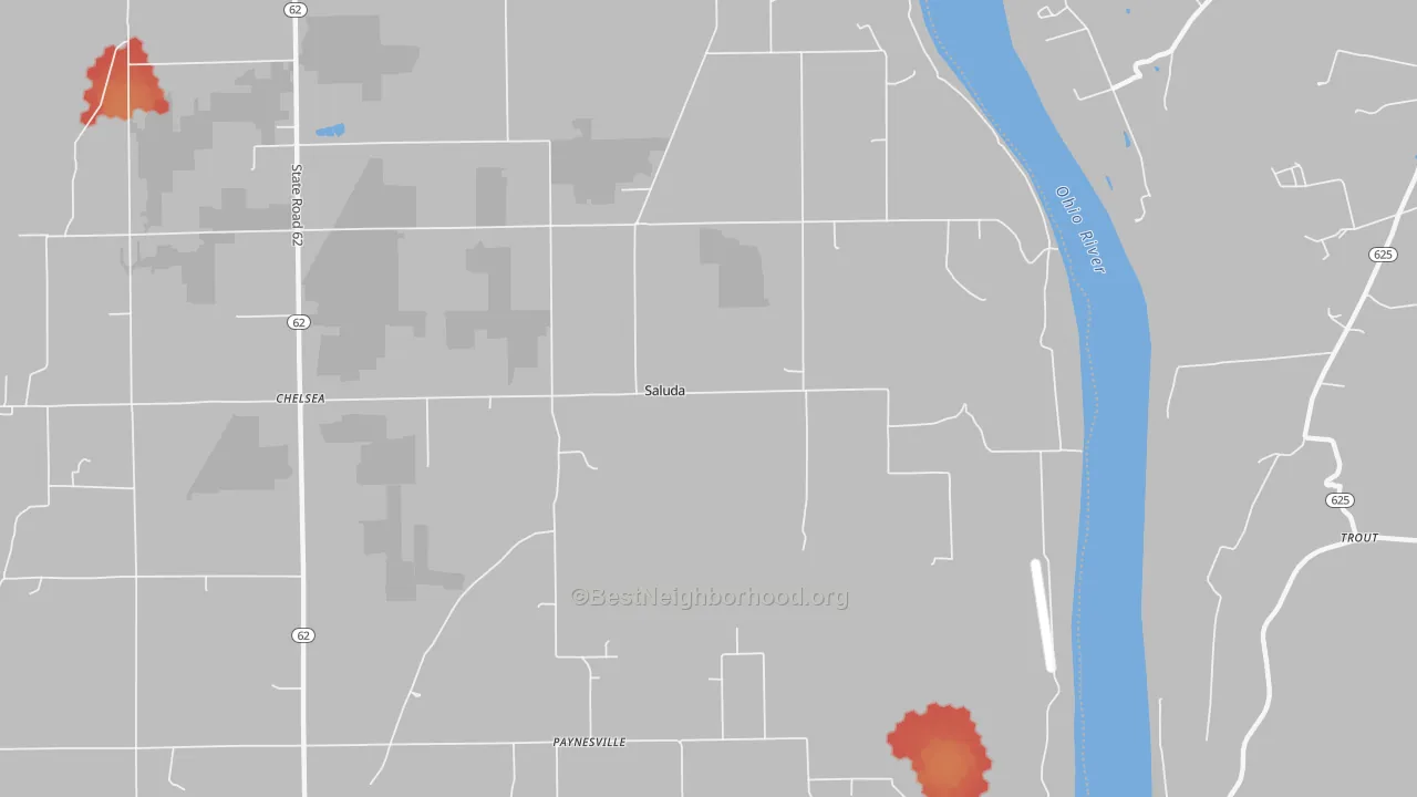 Walk Grade map of Saluda, IN, walkable areas in green and car-dependent areas in red