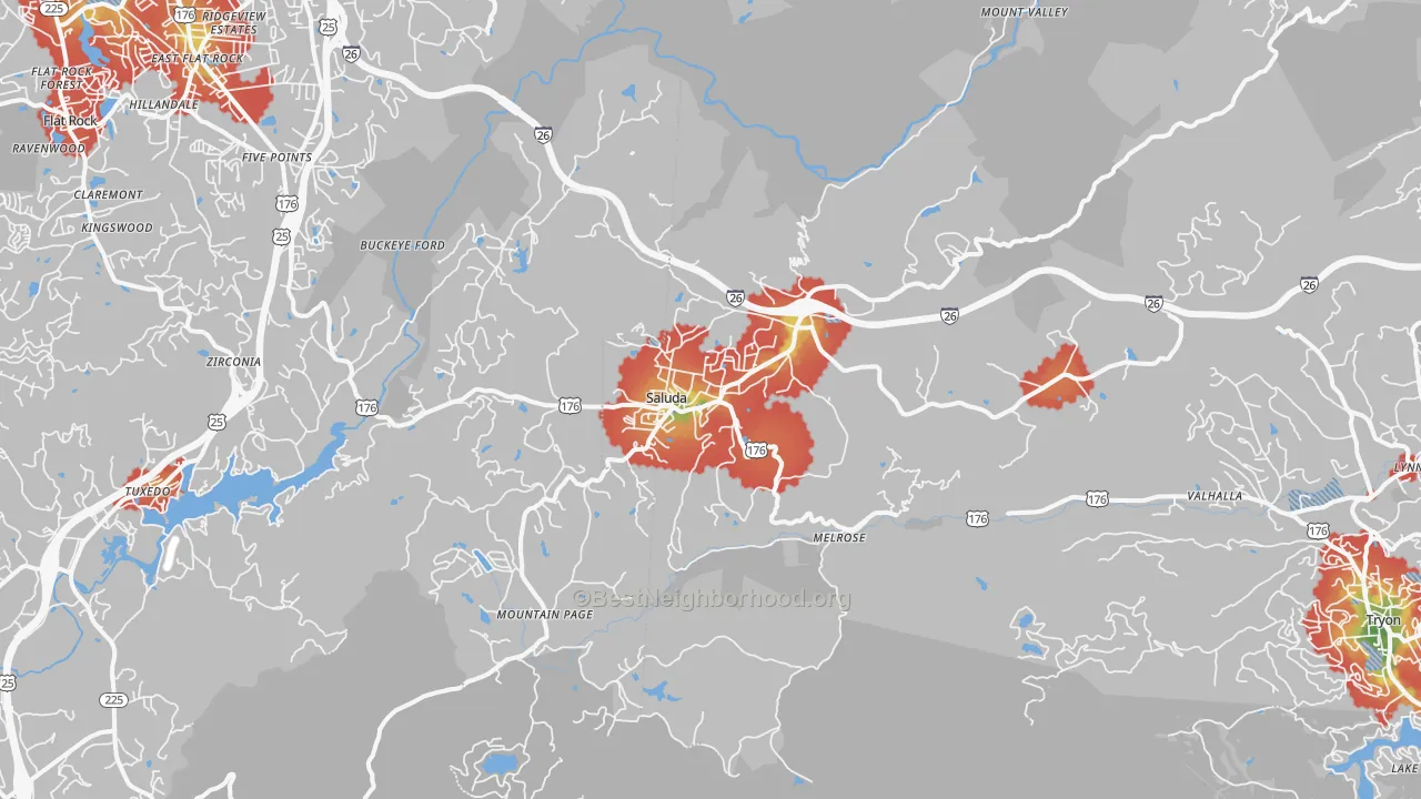 Walk Grade map of Saluda, NC, walkable areas in green and car-dependent areas in red