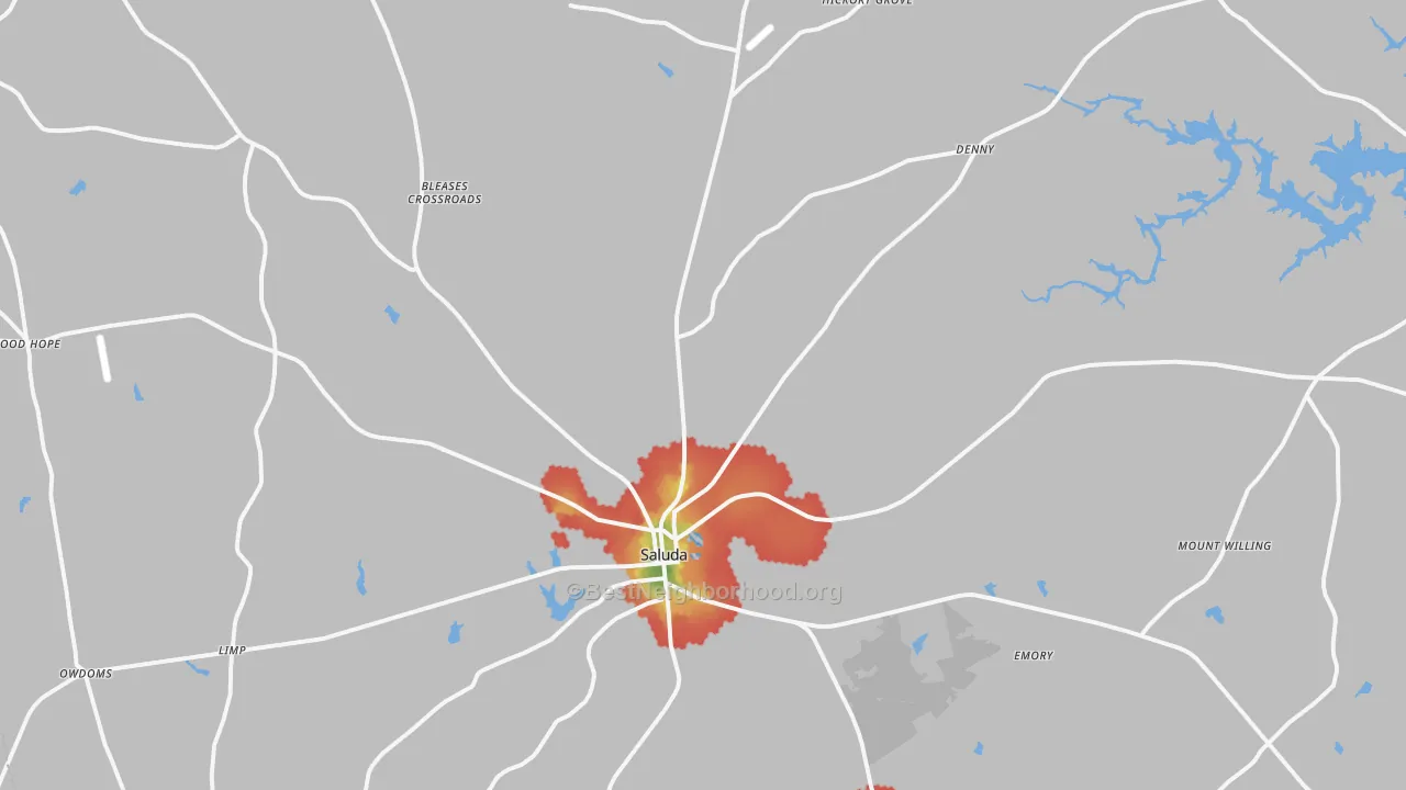 Walk Grade map of Saluda, SC, walkable areas in green and car-dependent areas in red